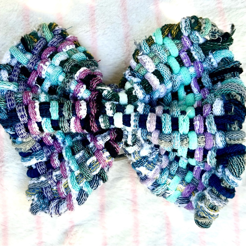 Blue Blend Rag Style LARGE HAIR BOW on 4 Inch French Barette